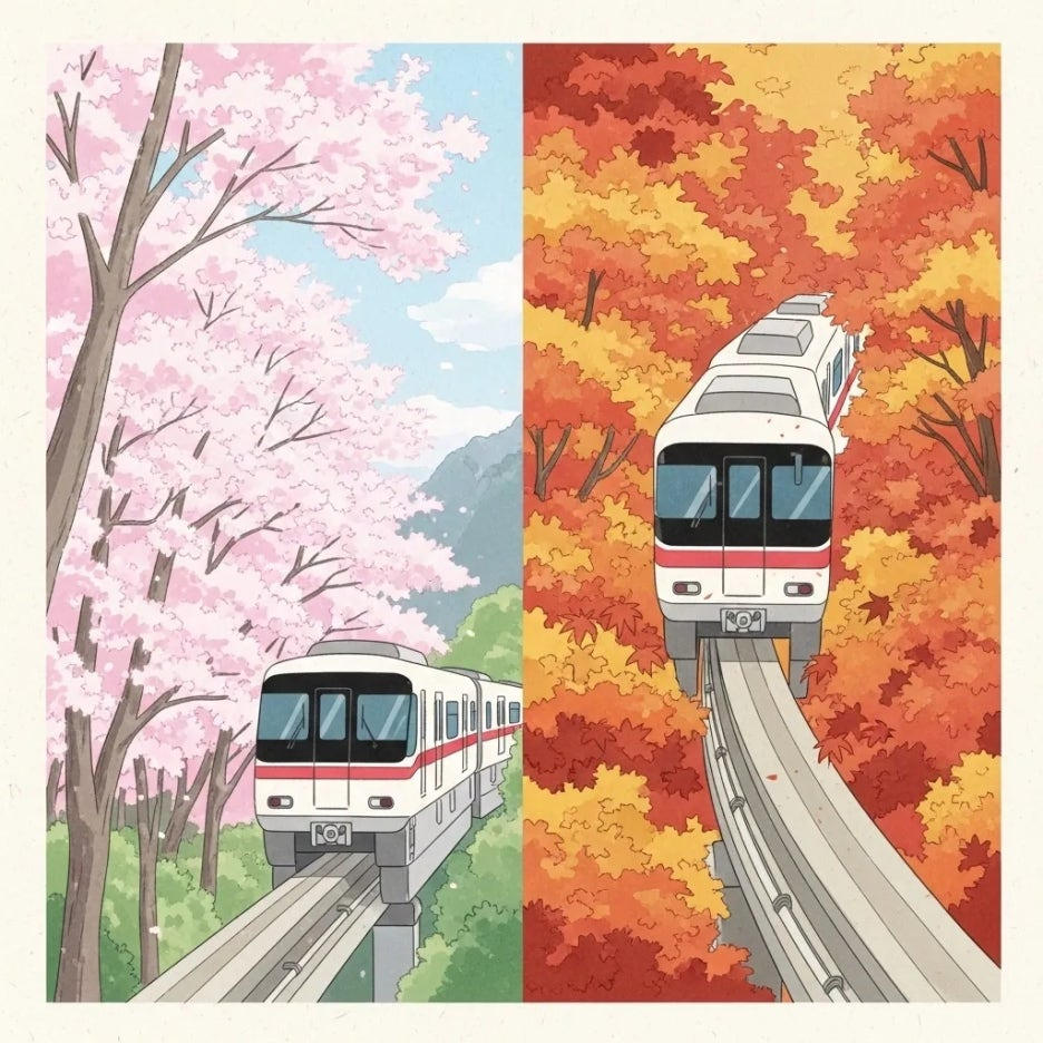 벚꽃과 단풍으로 물든 숲을 지나는 모노레일