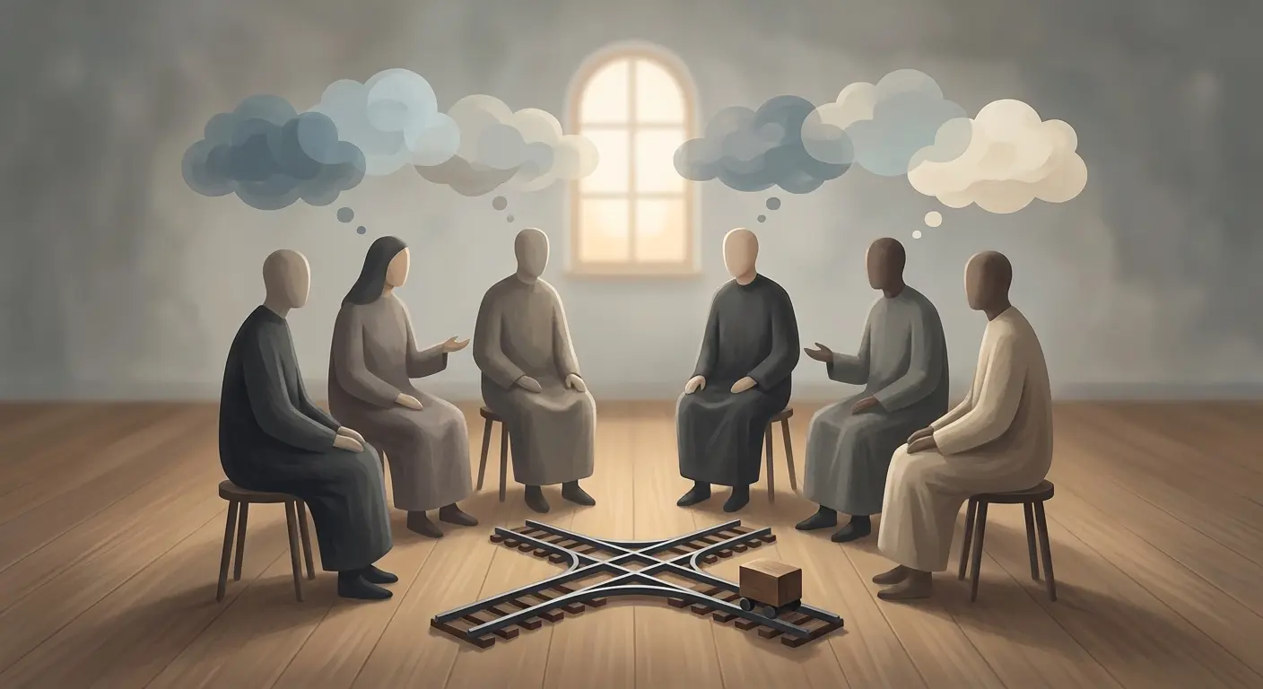An illustration showing people discussing the trolley problem in a group setting