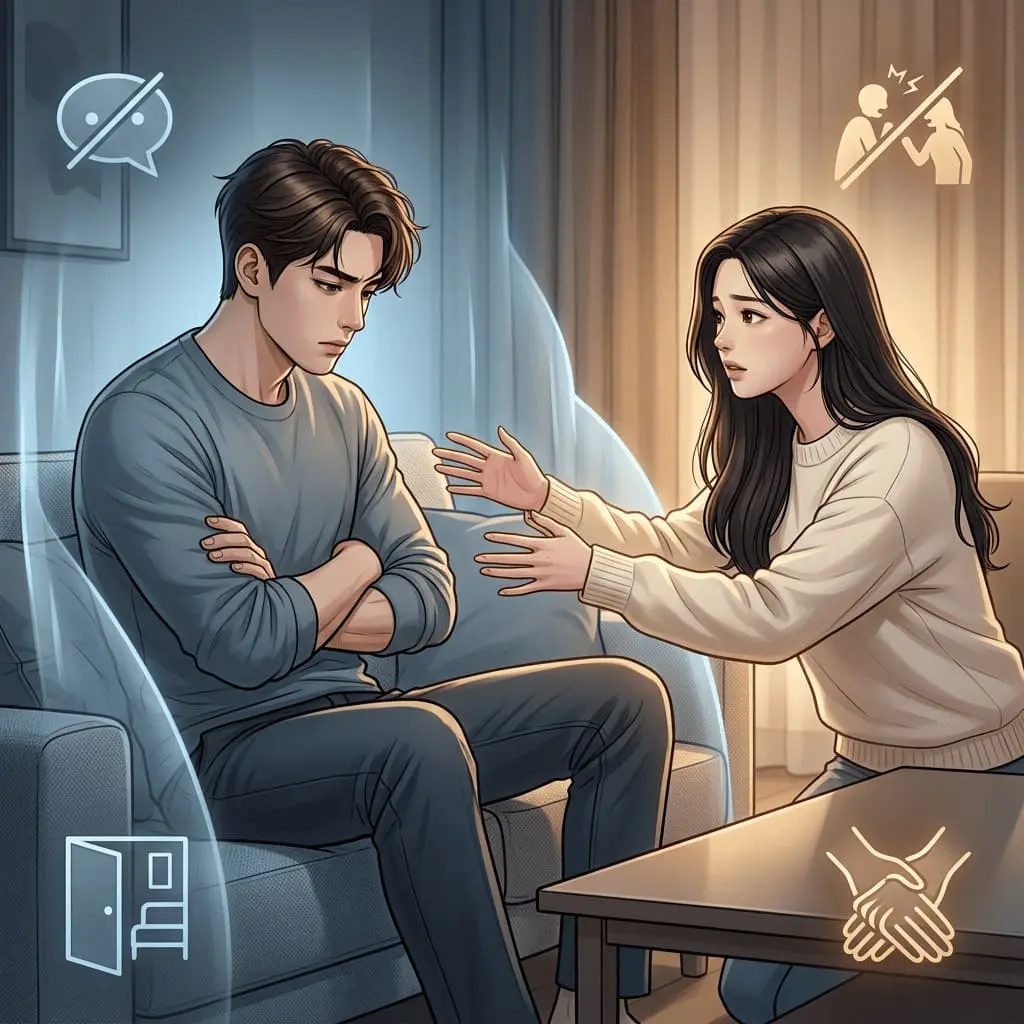 회피형 애착 남자(Avoidant Man)와 불안한 여자 사이 감정 거리감과 관계 소통 단절을 보여주는 장면