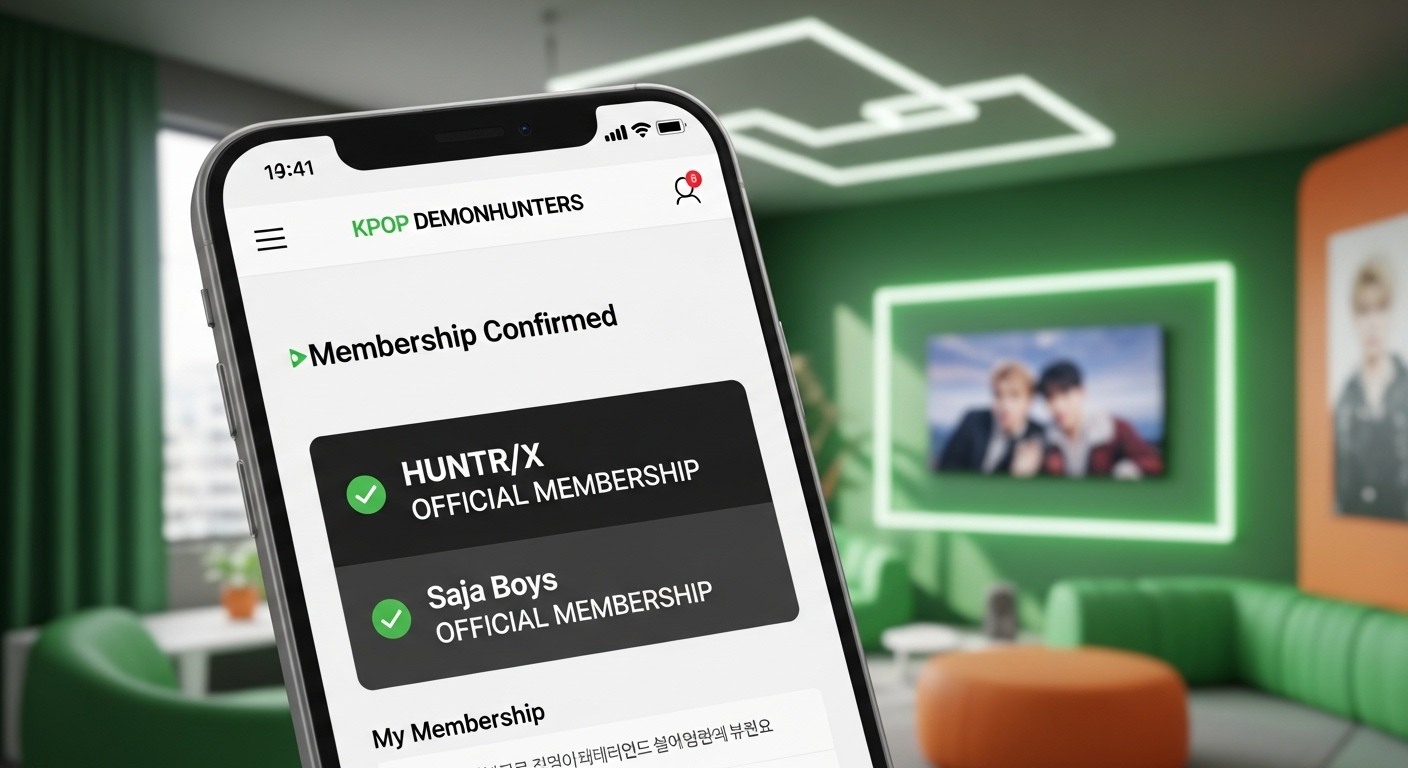 스마트폰 화면에 케이팝데몬헌터스 공식 팬클럽 '내 멤버십' 페이지가 보인다. 'HUNTR/X OFFICIAL MEMBERSHIP' 가입 완료 문구와 함께 팬클럽 가입 혜택이 표시되어 있다.