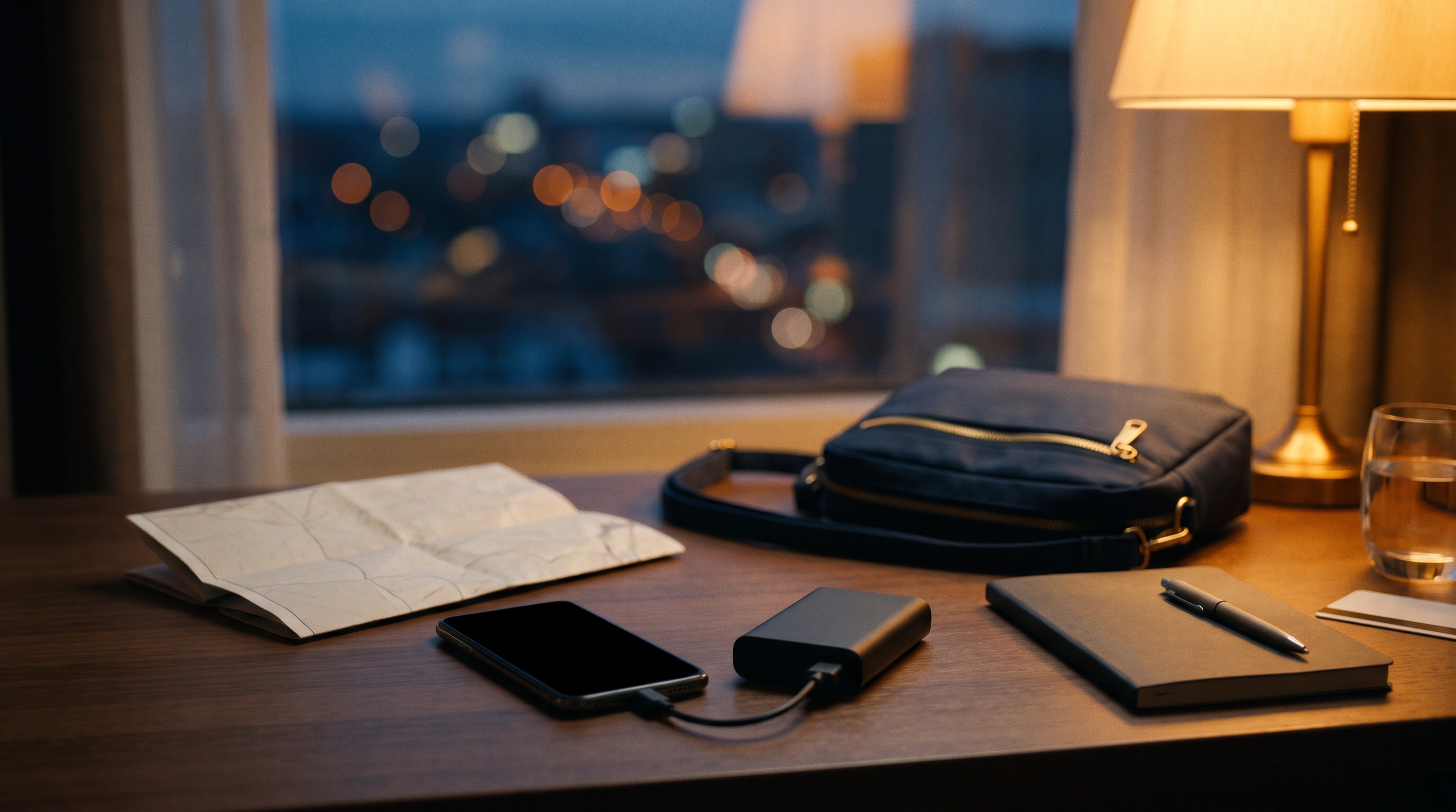 An evening desk with a dark-screen phone, power bank and cable, folded map, navy bag, notebook and warm lamp.