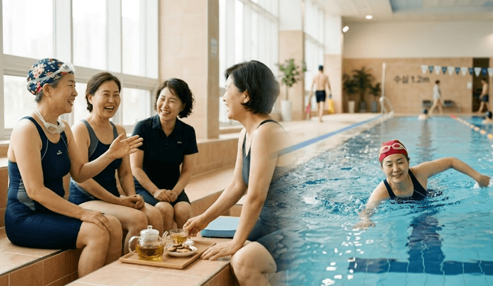 류마티스관절염 예방을 위해 사람들과 만나서 웃고 대화하는 스트레스 조절과 관절에 부담이 없는 수영으로 관리를 하고 있는 중년여성