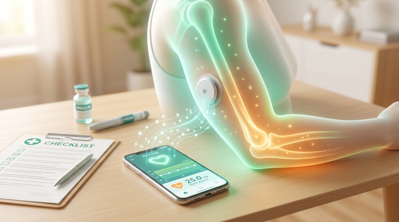 연속혈당측정기(CGM) 사용 방법과 바늘 없는 간질액 포도당 측정 원리 사후관리 수칙을 표현한 3D 의학 일러스트레이션. 식후 급격한 인슐린 저항성을 방어하고 혈류 대사가 실시간으로 원활하게 조절되고 있음을 보여주듯 따뜻하고 온화한 황금빛과 초록색 치유의 에너지가 흐르고 있는 인체 상완 및 췌장 장기 모델의 모습. 옆쪽의 정갈한 위생 테이블 위에는 기계 오차를 차단하는 두 번째 혈액 방울 측정 기록지와 함께, 스마트폰 연동 혈당 변화 동영상 그래프 화면 및 정상 범위 수치를 가리키는 전자 혈당 측정기가 정돈되어 있어 과학적인 보건 수칙 가이드의 중요성을 시각적으로 설명함.
