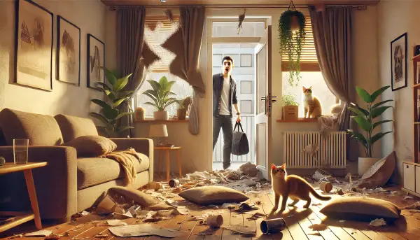 퇴근 후 집에 돌아온 집사가 문을 열자마자 난장판이 된 거실을 보고 경악하는 모습. 두 마리의 고양이는 천진난만한 표정으로 높은 선반과 바닥에 앉아 있으며, 방 안에는 찢어진 커튼, 엎질러진 컵, 쓰러진 화분, 흩어진 종이 등이 가득한 혼돈의 장면.