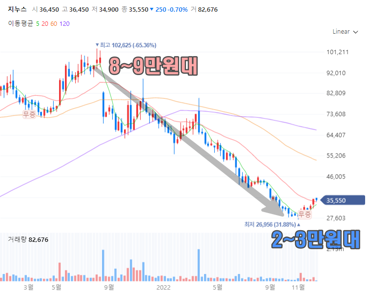 지난 2년간 지누스 주가흐름