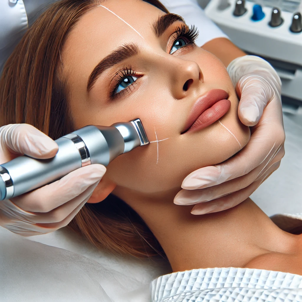 피부과에서 RF 고주파 시술을 통해 얼굴 주름을 완화하고 피부 탄력을 개선하는 시술 장면