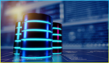 서버룸과 데이터센터를 배경으로 여러 데이터베이스가 관계형 데이터베이스 테이블에 배치. 데이터베이스 서버, SQL, 데이터 저장소, 데이터베이스 다이어그램 디자인 개념. 3D 일러스트레이션.