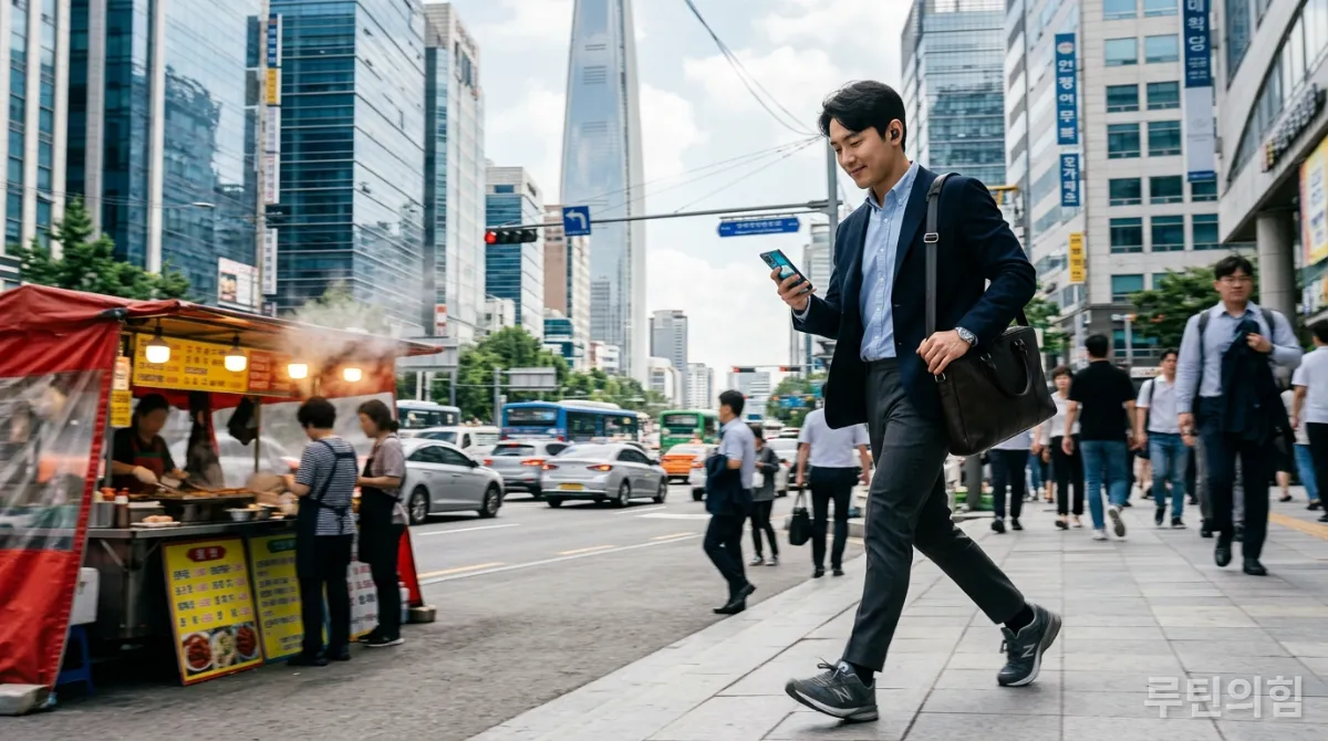 점심시간에 스마트폰을 보며 바쁘게 걷는 한국 직장인