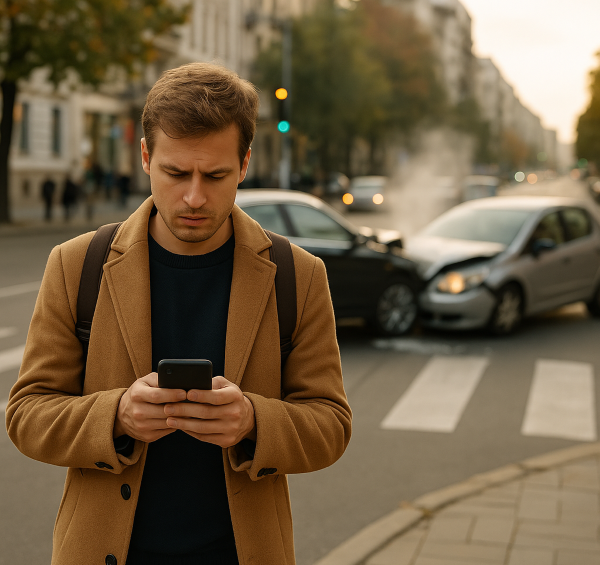 “도시 거리에서 스마트폰을 보며 걷는 사람과 뒤편에서 급정거하는 차량, 일상의 부주의가 초래하는 사고의 순간을 포착한 이미지”