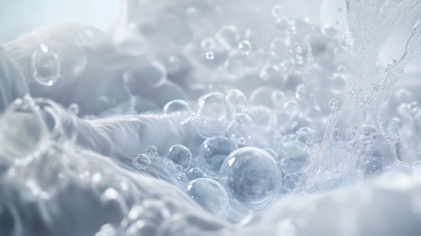 삼성 WA23A8377KV의 혁신적인 버블 세척 기술이 작동 중인 모습, 섬유 깊숙이 침투하는 거품들이 우수한 세척력을 보여주는 클로즈업.
