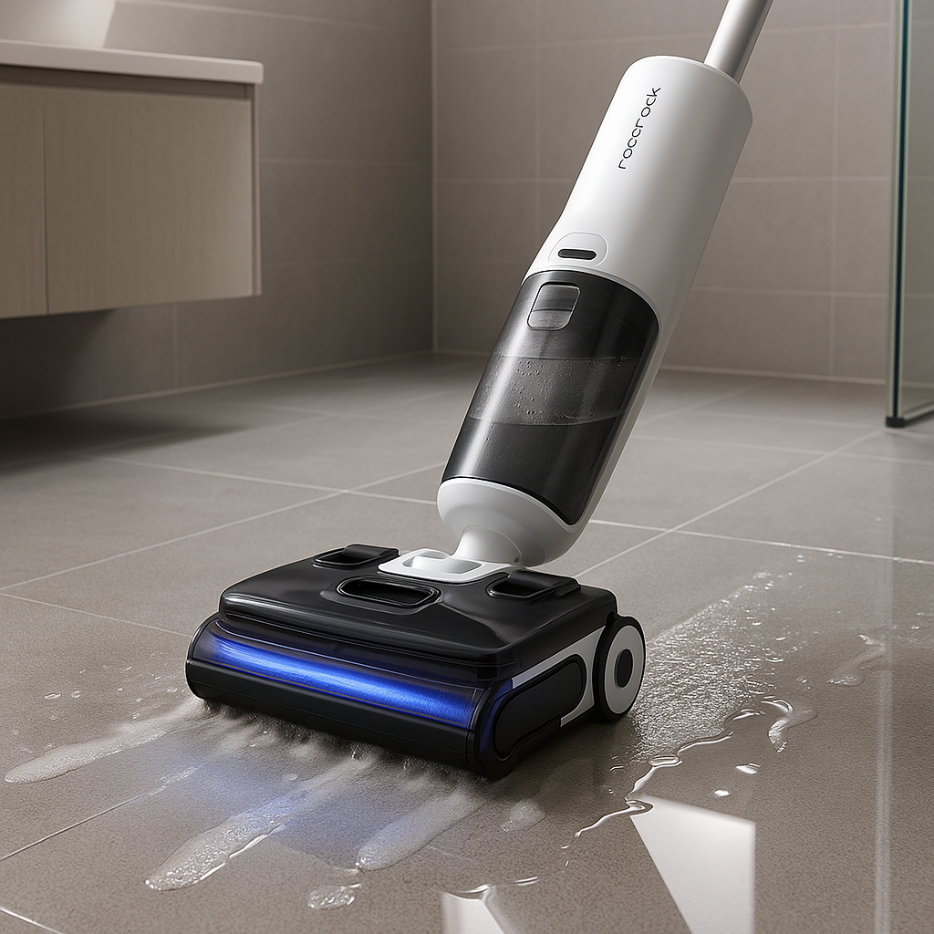 로보락 F25 울트라가 욕실 타일 바닥의 물기를 흡수하며 청소하는 모습