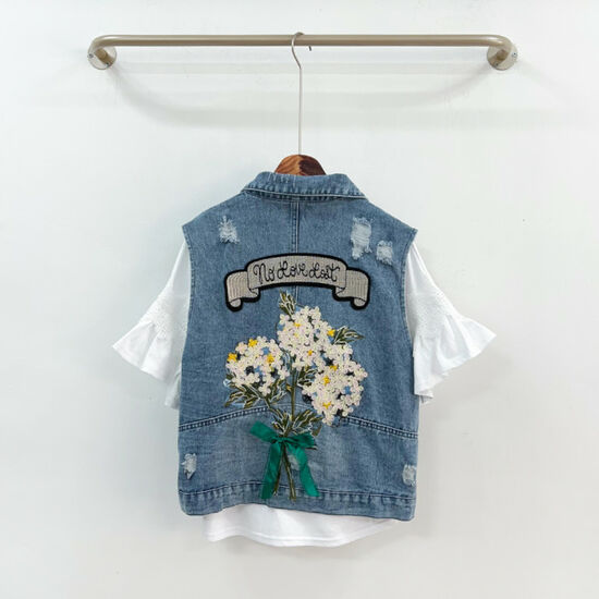 미즈큐즈 꽃다발 리본 자수 포인트 데님 청조끼