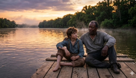 미시시피 강 위에서 뗏목을 타고 자유를 향해 나아가는 허클베리 핀과 흑인 노예 짐 (Huckleberry Finn and the runaway slave Jim drifting down the Mississippi River on a raft toward freedom)