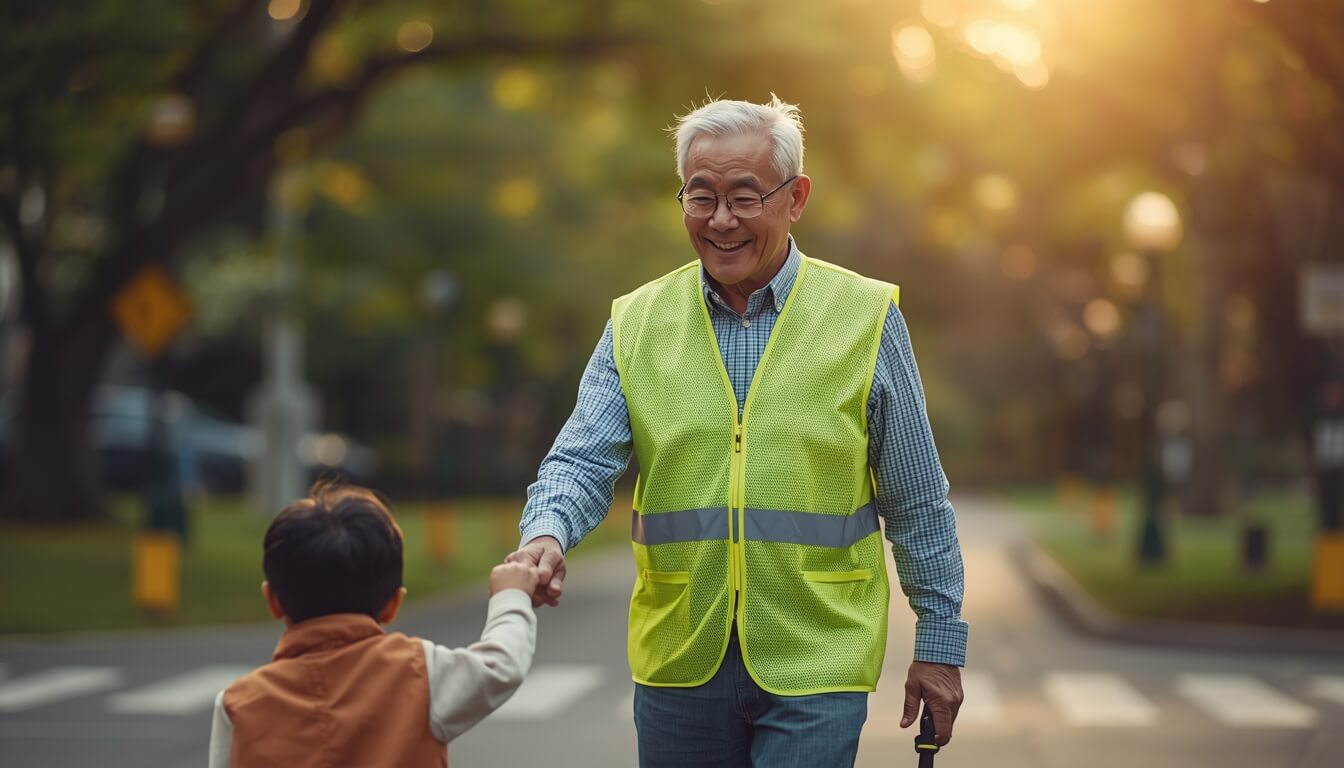 자원봉사 활동을 하며 환하게 웃고 있는 어르신