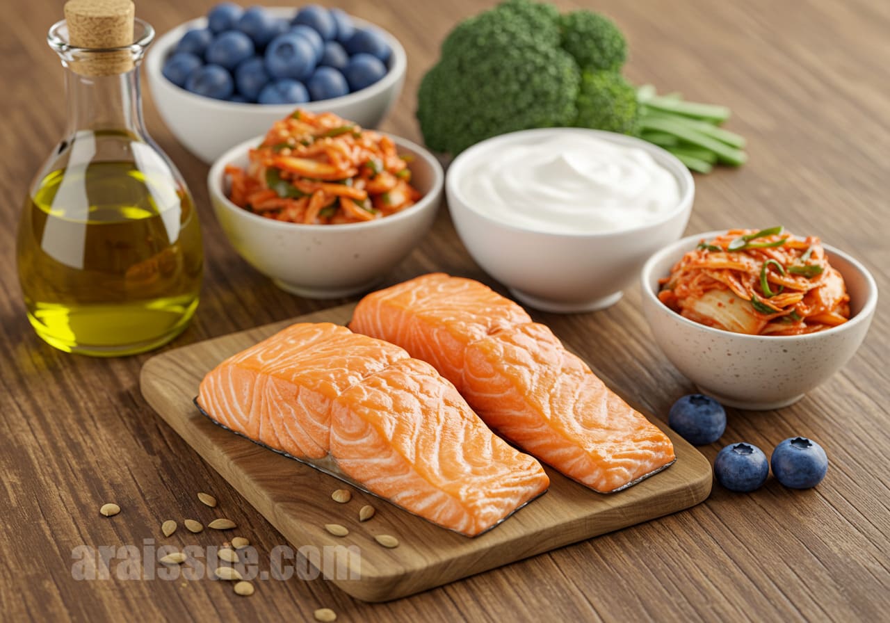 연어, 요거트, 김치, 블루베리 등 항염증 식품이 담긴 테이블. 장 건강과 피부염 관리에 도움이 되는 식단을 보여주는 이미지