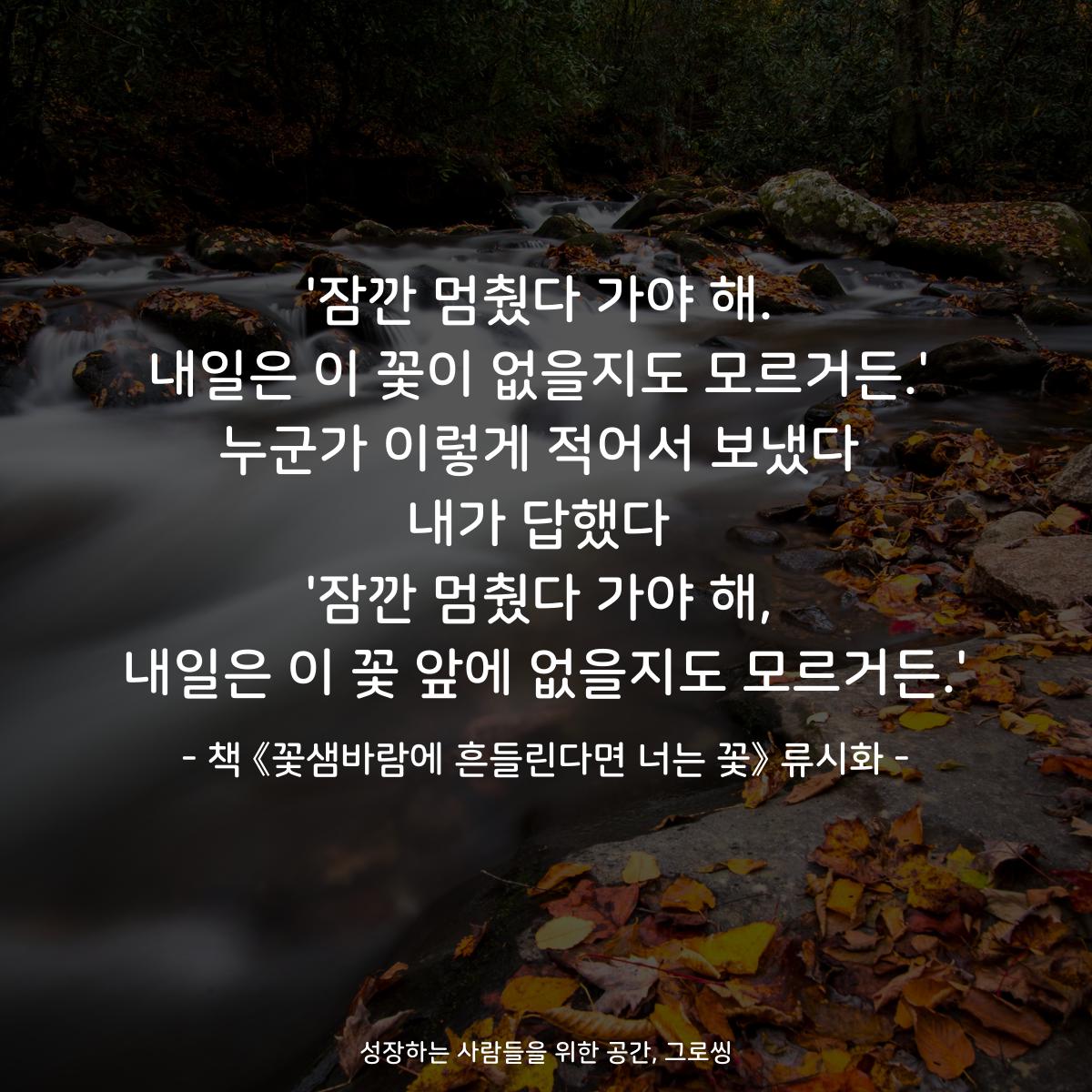 '잠깐 멈췄다 가야 해.
내일은 이 꽃이 없을지도 모르거든.'
누군가 이렇게 적어서 보냈다
내가 답했다
'잠깐 멈췄다 가야 해,
내일은 이 꽃 앞에 없을지도 모르거든.'