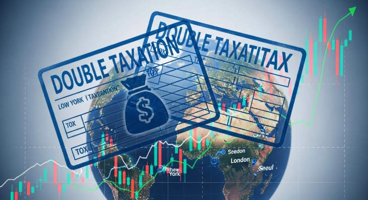해외 ETF 투자 시 발생하는 이중과세 문제를 상징하는 이미지입니다. 지구 위에 두 장의 세금 용지가 겹쳐져 있고, 그 아래에는 주식 차트와 돈 주머니가 보입니다. 세금으로 인해 수익이 줄어드는 상황을 묘사하고 있습니다.
