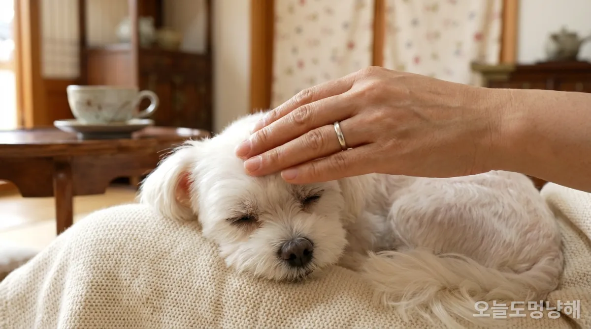 반려동물 눈을 감겨주는 한국인 보호자의 손