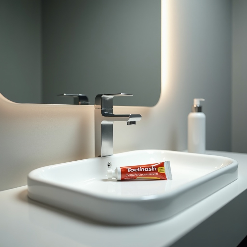 오래된 치약이 욕실 개수대에 놓여 있다