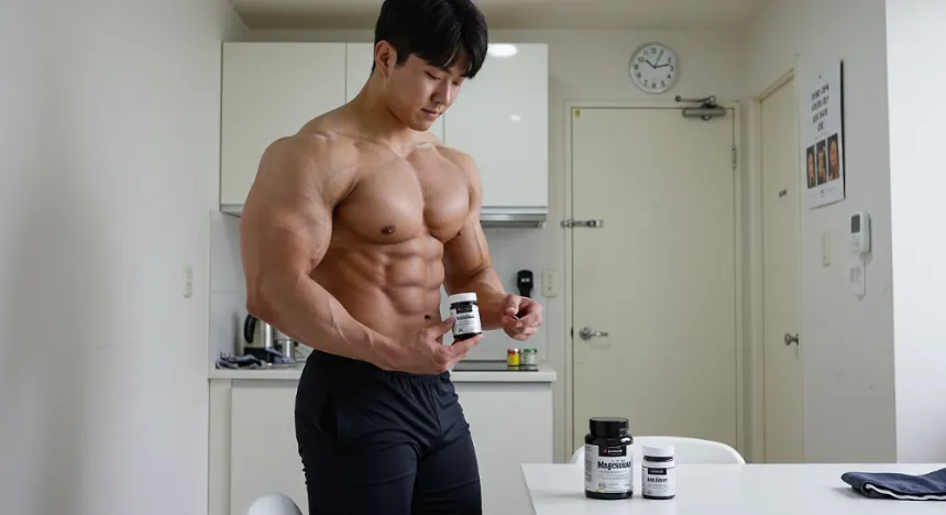 집안에서 마그네슘 영양제를 섭취하려는 남성 이미지