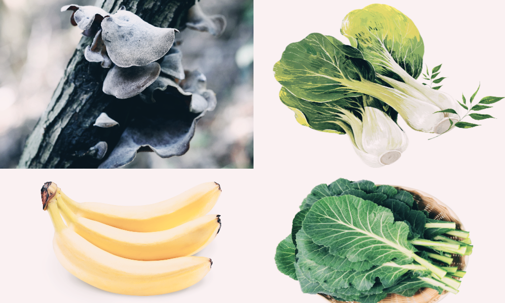 목이버섯, 케일, 바나나, 청경채