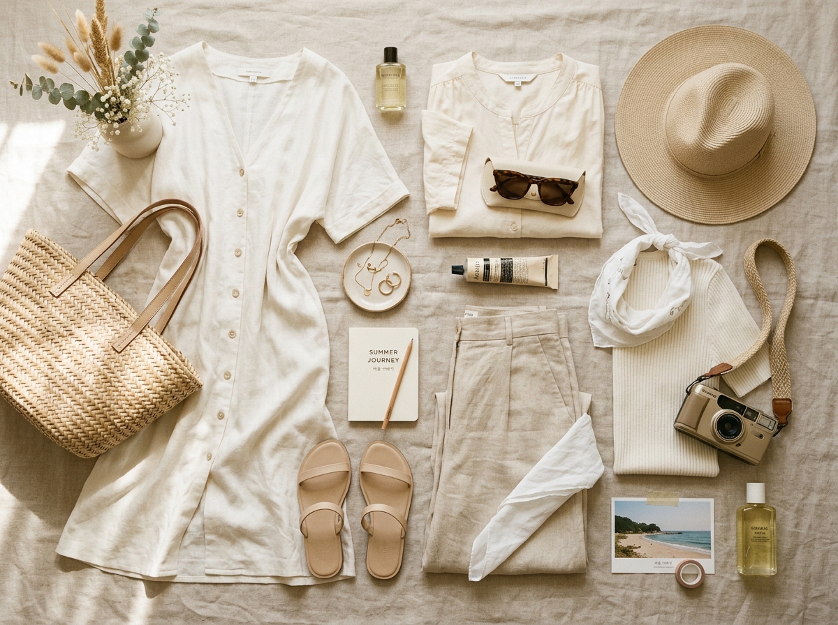 Mood board flat lay of off-white cream colored fashion items, ivory linen fabric, beige accessories, white cotton pieces arranged artfully on a light background, soft warm tones, editorial fashion still life photography