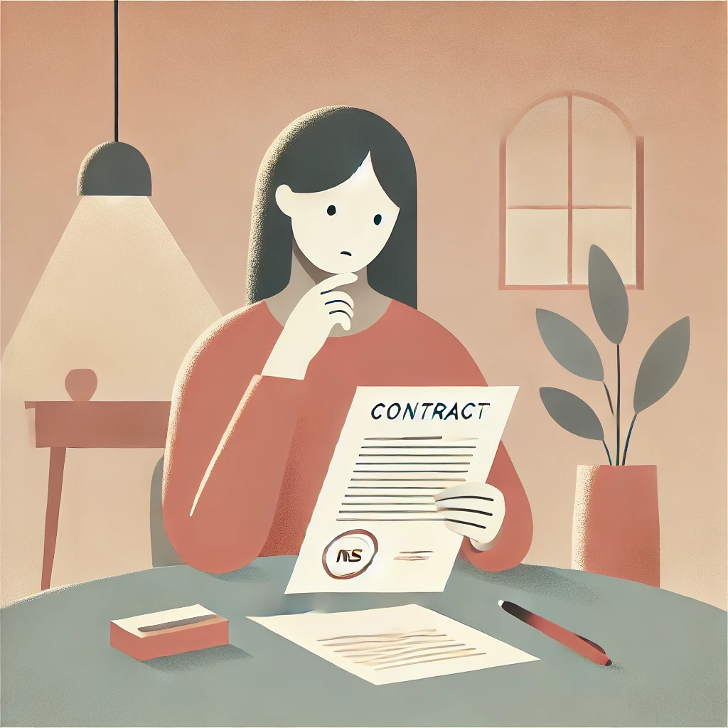 계약서를 읽으며 의문의 표정을 짓고있는 여성 이미지