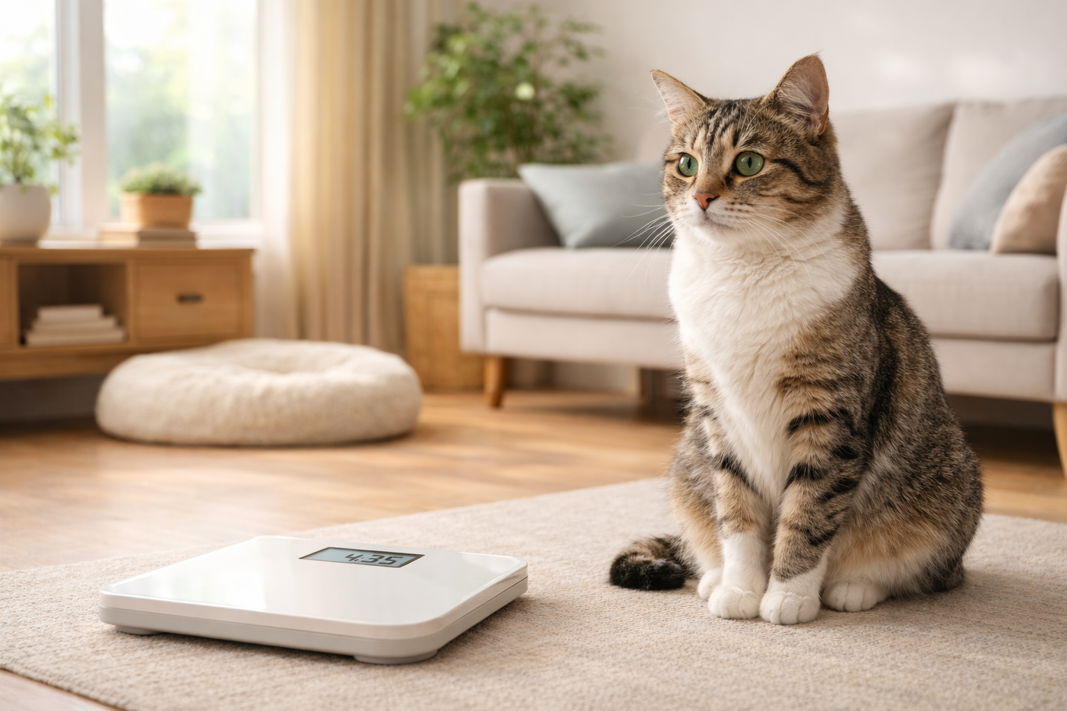 체중계 앞에 앉아있는 고양이 이미지