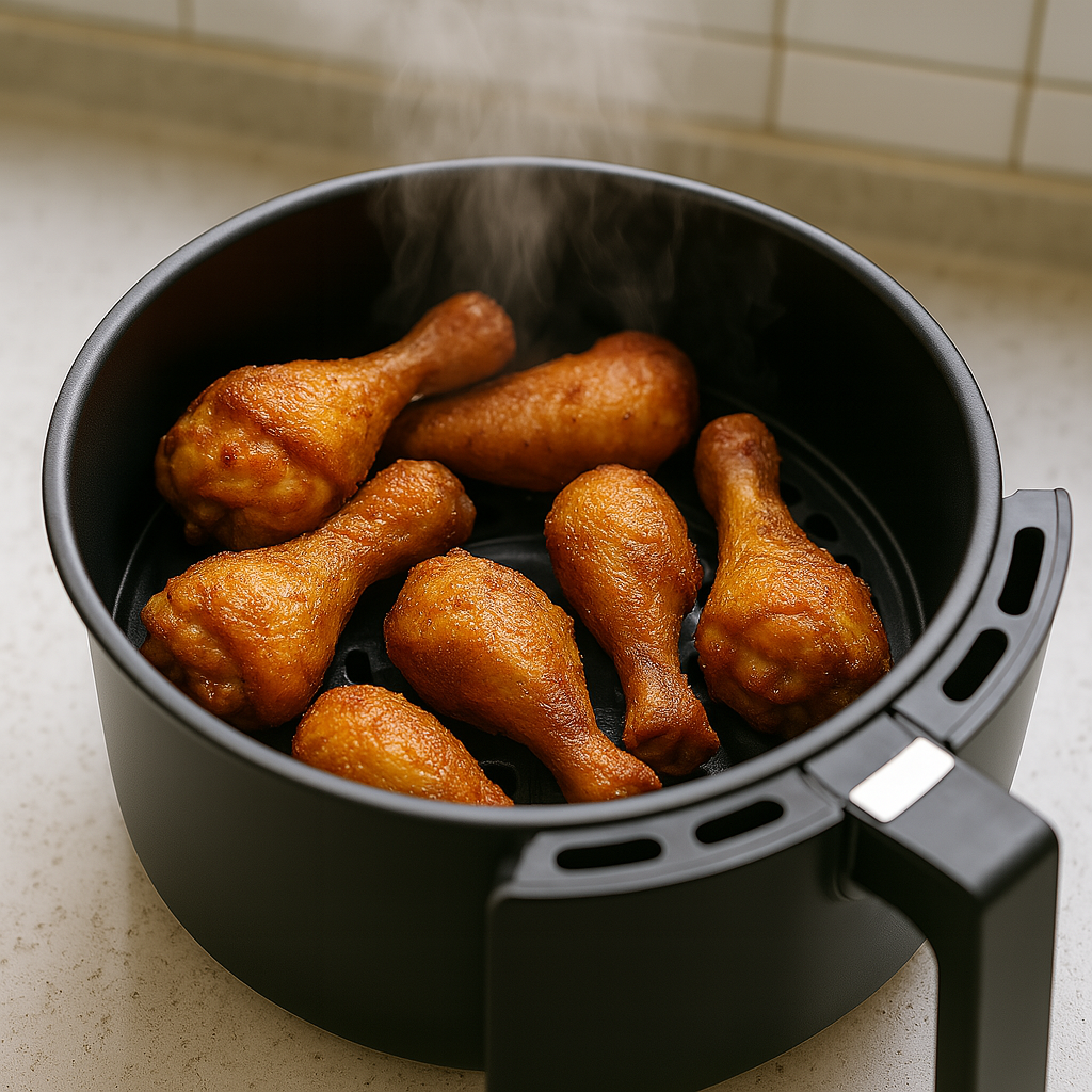 청소 후 깔끔한 에어프라이어에 갓 구운 치킨 다리에서 김이 나는 모습