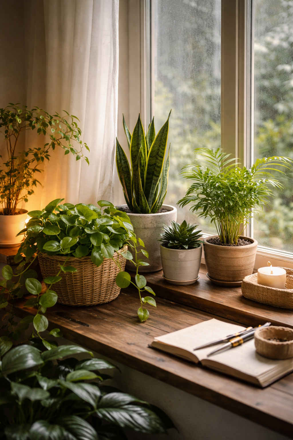 어두운 창가에 놓여있는 화분 사진