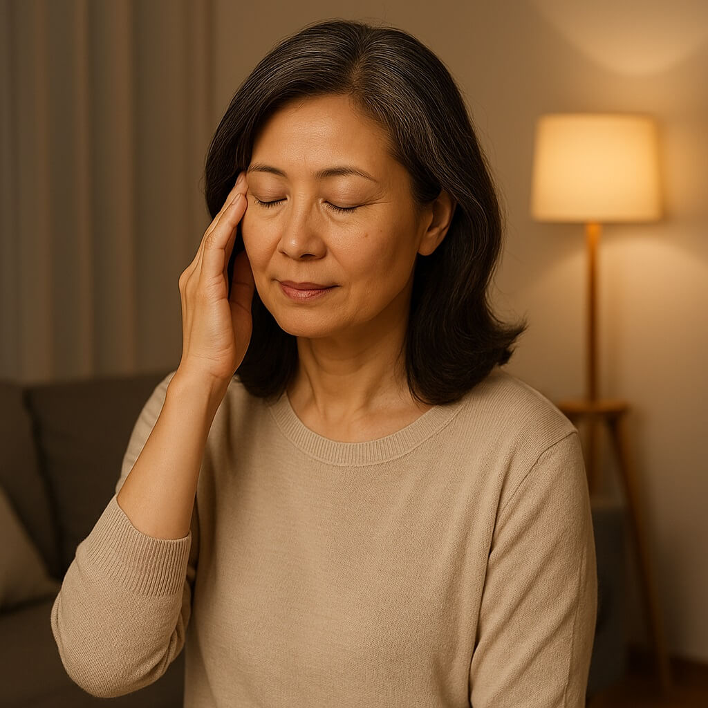 중년 여성이 따뜻한 조명 아래에서 눈을 감고 얼굴을 부드럽게 만지고 있는 모습. 조명이 부드럽고 안정감을 주는 실내 환경이 강조됨