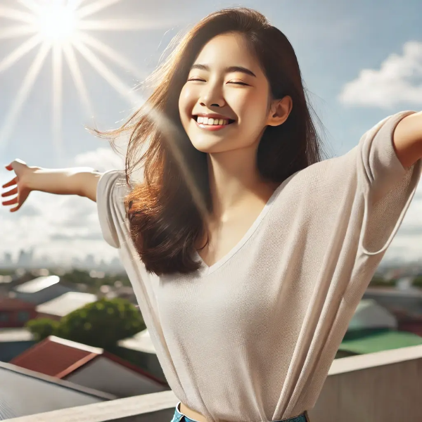 옥상에서 햇살을 받으며 팔을 스트레칭하는 동양인 여성