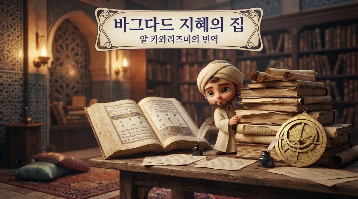 바그다드 지혜의 집에서 인도 수학 서적을 아랍어로 번역하는 이슬람 학자의 모습