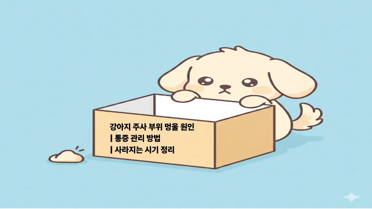 강아지 주사 부위 멍울의 원인과 통증 관리 방법을 설명하는 귀여운 일러스트 이미지.