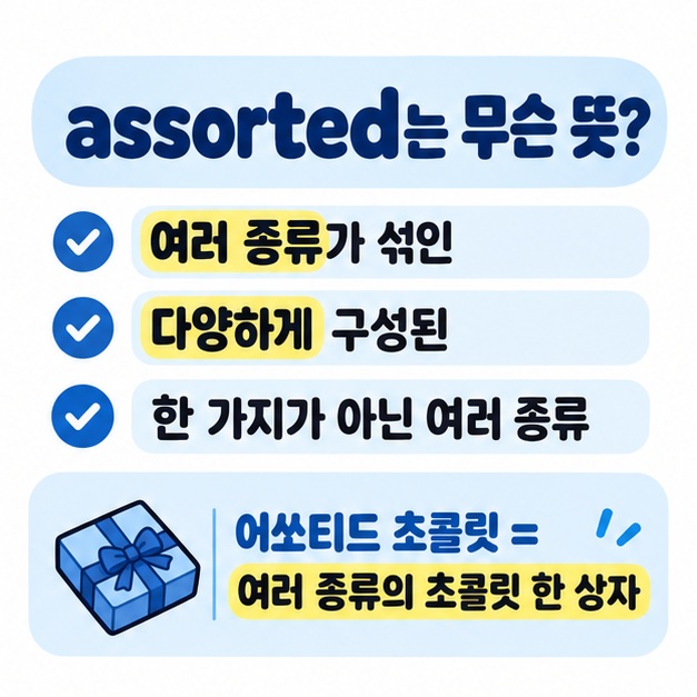 assorted가 여러 종류가 섞여 있거나 다양하게 구성된 뜻이며 초콜릿과 쿠키에서 자주 쓰임을 정리한 카드