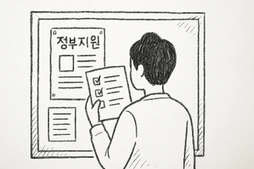 정부지원 게시판을 보는 남성을 그린 그림