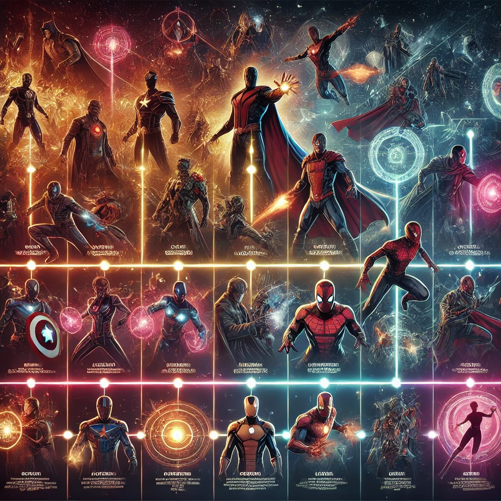 "마블 멀티버스, Marvel Multiverse, 스파이더맨 변종, 아이언맨 슈트, 닥터 스트레인지 마법진, 캡틴 아메리카 방패, 마블 히어로 아트, 마블 유니버스 세계관, 슈퍼히어로 개념 아트, MCU 평행세계"