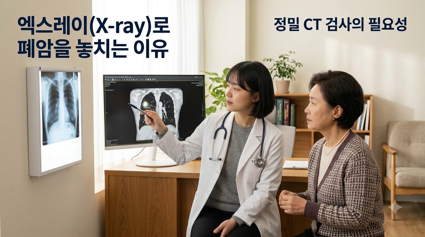 햇살이 은은하게 비치는 아늑하고 신뢰감 주는 진료실에서 의사와 환자가 밝고 차분한 표정으로 평면 엑스레이와 3차원 입체 흉부 CT 영상의 차이점을 비교하며, 엑스레이가 폐암을 놓치는 이유와 정밀 CT 검사의 중요성에 대해 이야기 나누고 있는 모습. '엑스레이(X-ray)로 폐암을 놓치는 이유', '정밀 CT 검사의 필요성'이라는 문구가 적혀 있어, 정밀 흉부 CT 검사의 필요성을 시각화함.
