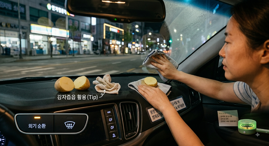 비 오는 날 앞 유리 감자즙 사용
