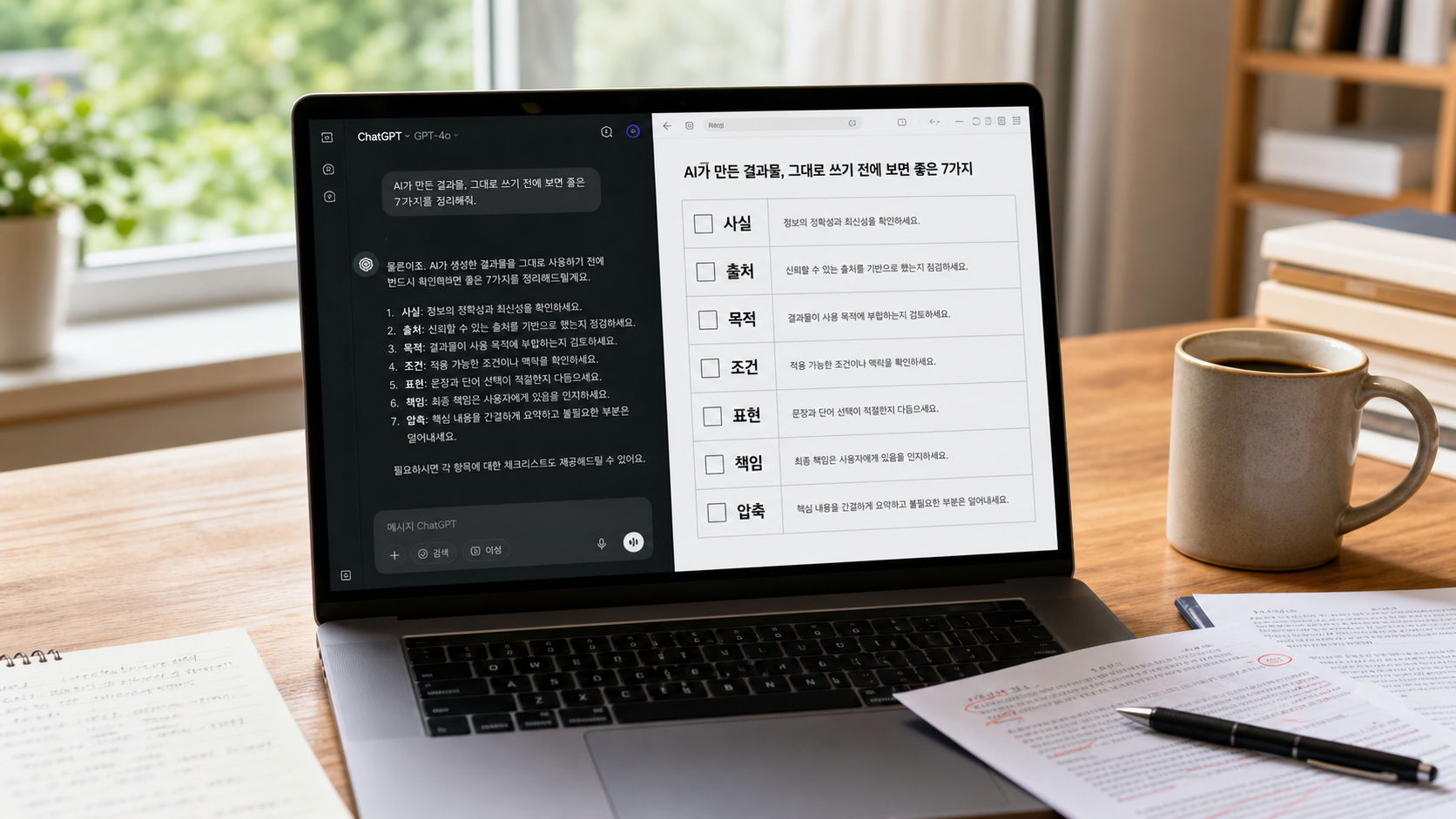 AI 답변 화면과 검토 체크리스트가 함께 열린 노트북 책상 장면