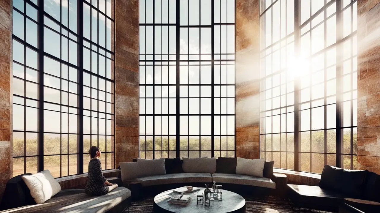 넓은 거실에서 스탠드 에어컨으로 시원함을 만끽하는 사람을 보여주며, 에어컨의 실용적이고 감각적인 사용을 강조합니다.