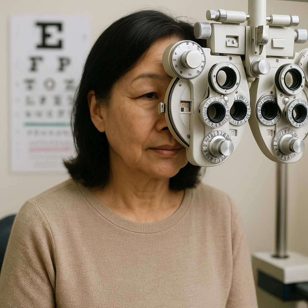 시력 검사를 하고 있는 중년 여성