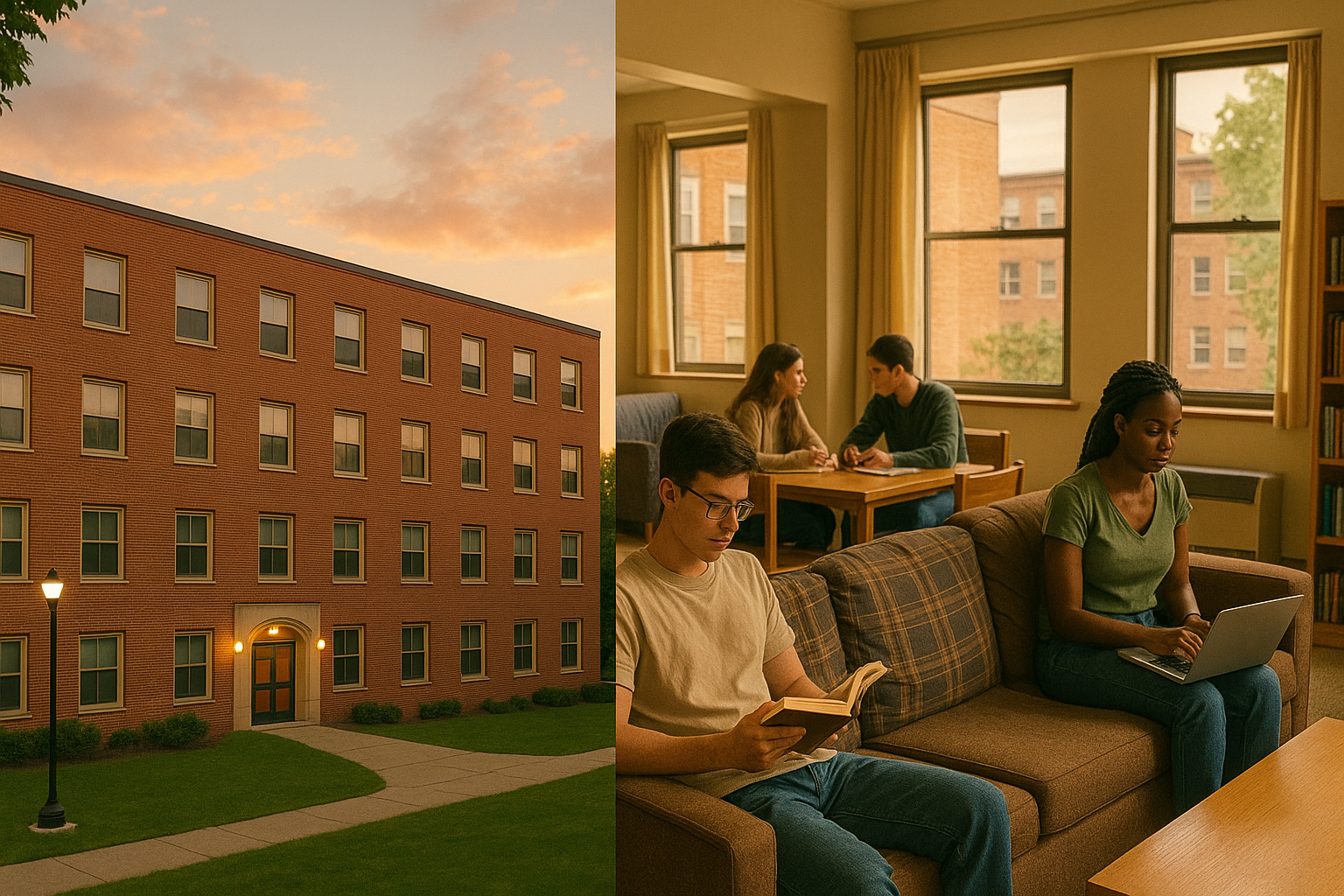 대학생 기숙사 외관과 공용 공간에서 생활하는 학생들