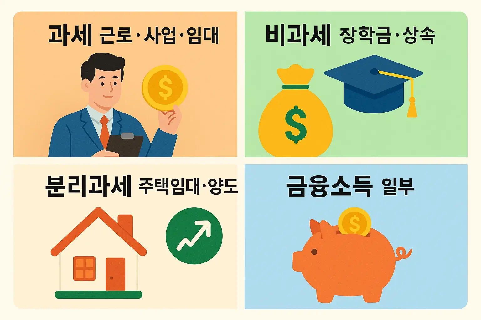 종합소득세 과세 대상인 근로소득·사업소득·임대소득과 비과세 소득인 장학금·상속, 분리과세 항목인 주택임대·양도소득 및 금융소득 일부 구분을 정리한 인포그래픽입니다.