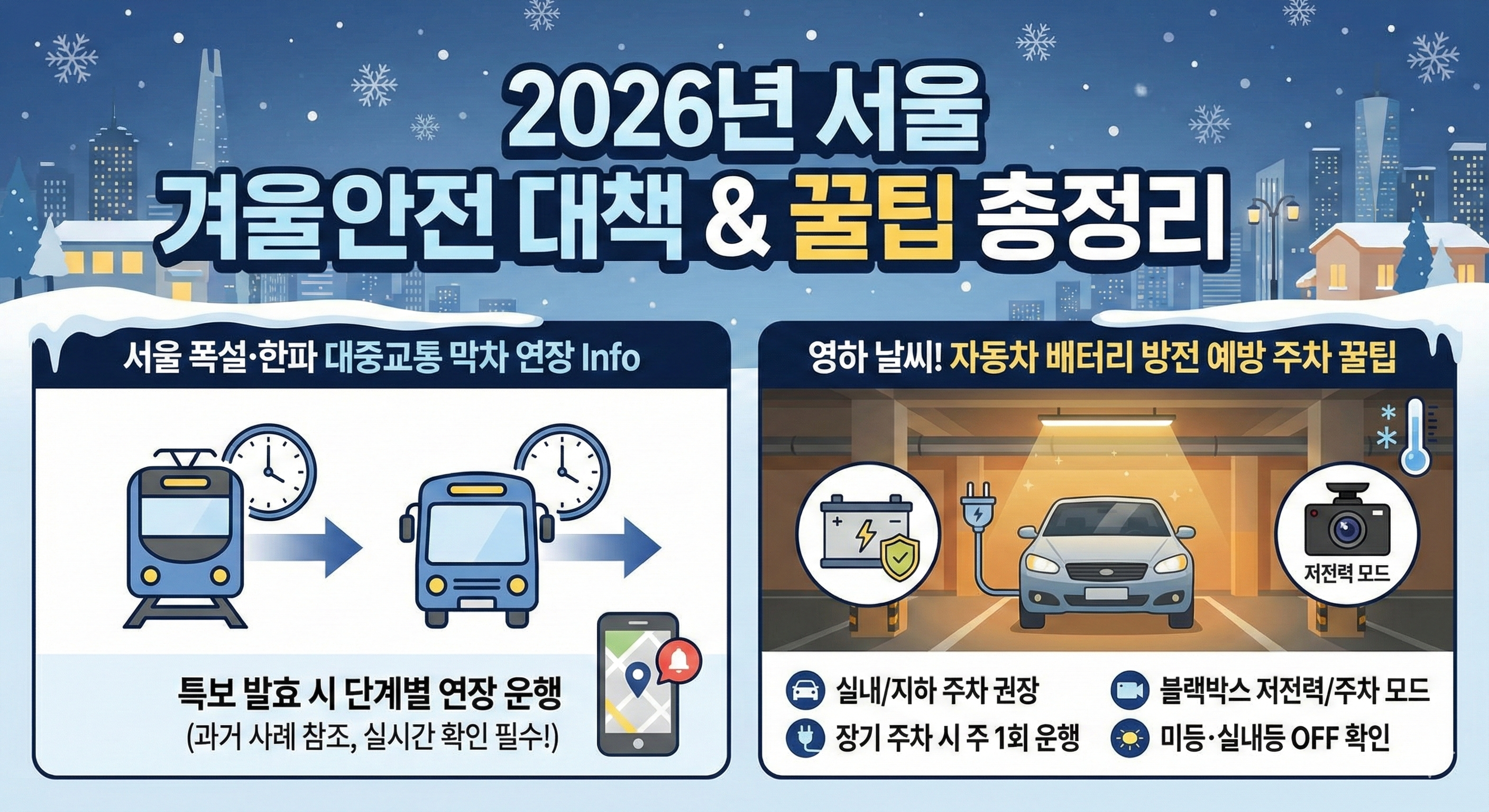 2026 서울 한파 대비: 대중교통 막차 연장 &amp; 자동차 배터리 방전 예방 꿀팁