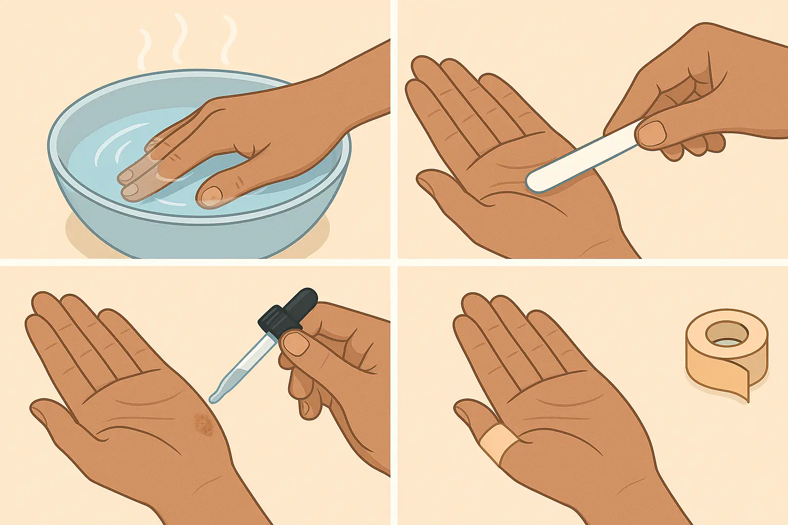 살리실산 치료 루틴, 손을 온수에 담가 각질 불리기, 손톱 줄로 표면 각질 정리, 살리실산 도포 후 테이프로 밀봉