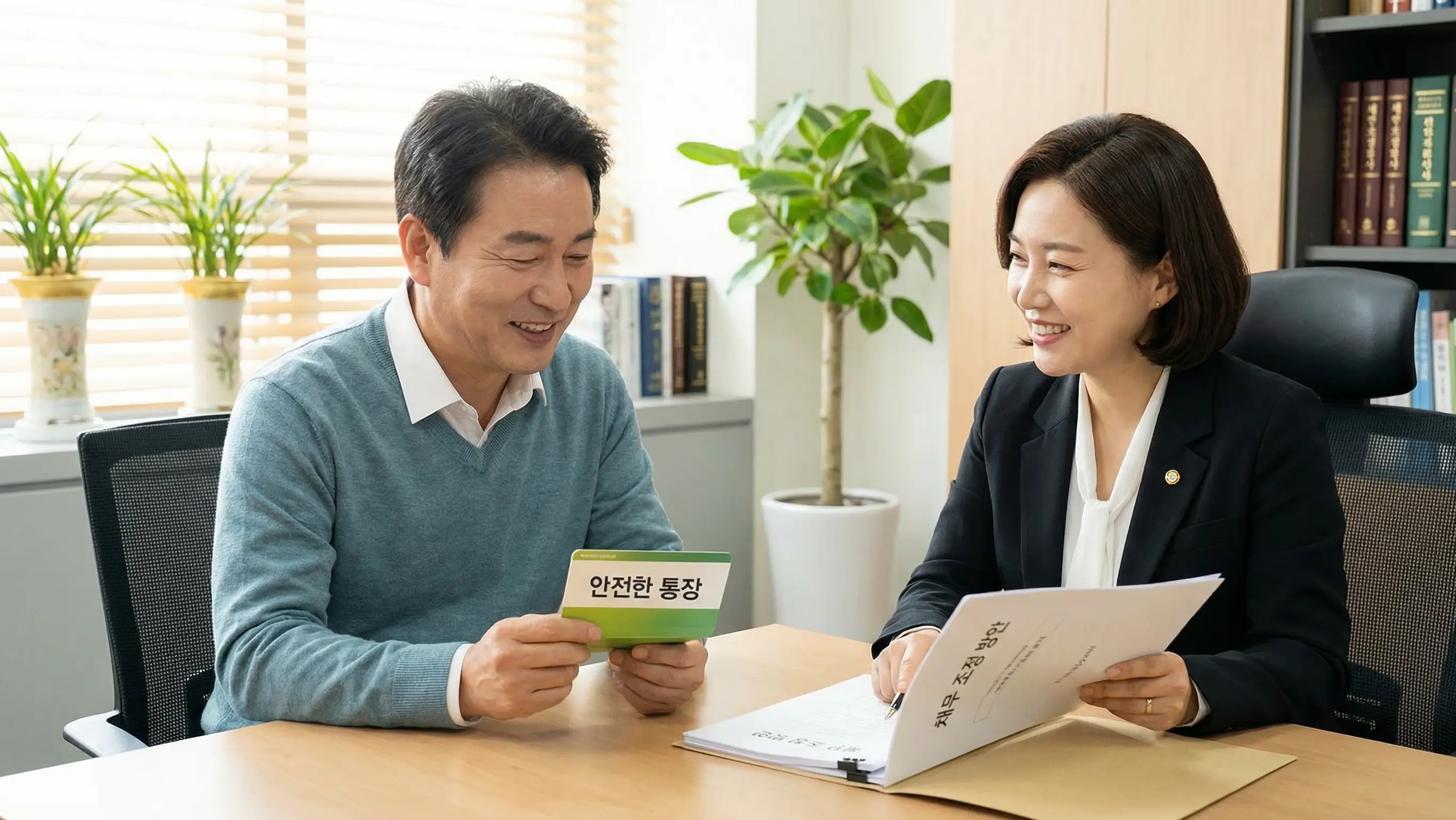 안전한 통장을 확보한 후 법률 전문가와 상담하며 근본적인 채무 해결책을 찾는 희망적인 모습