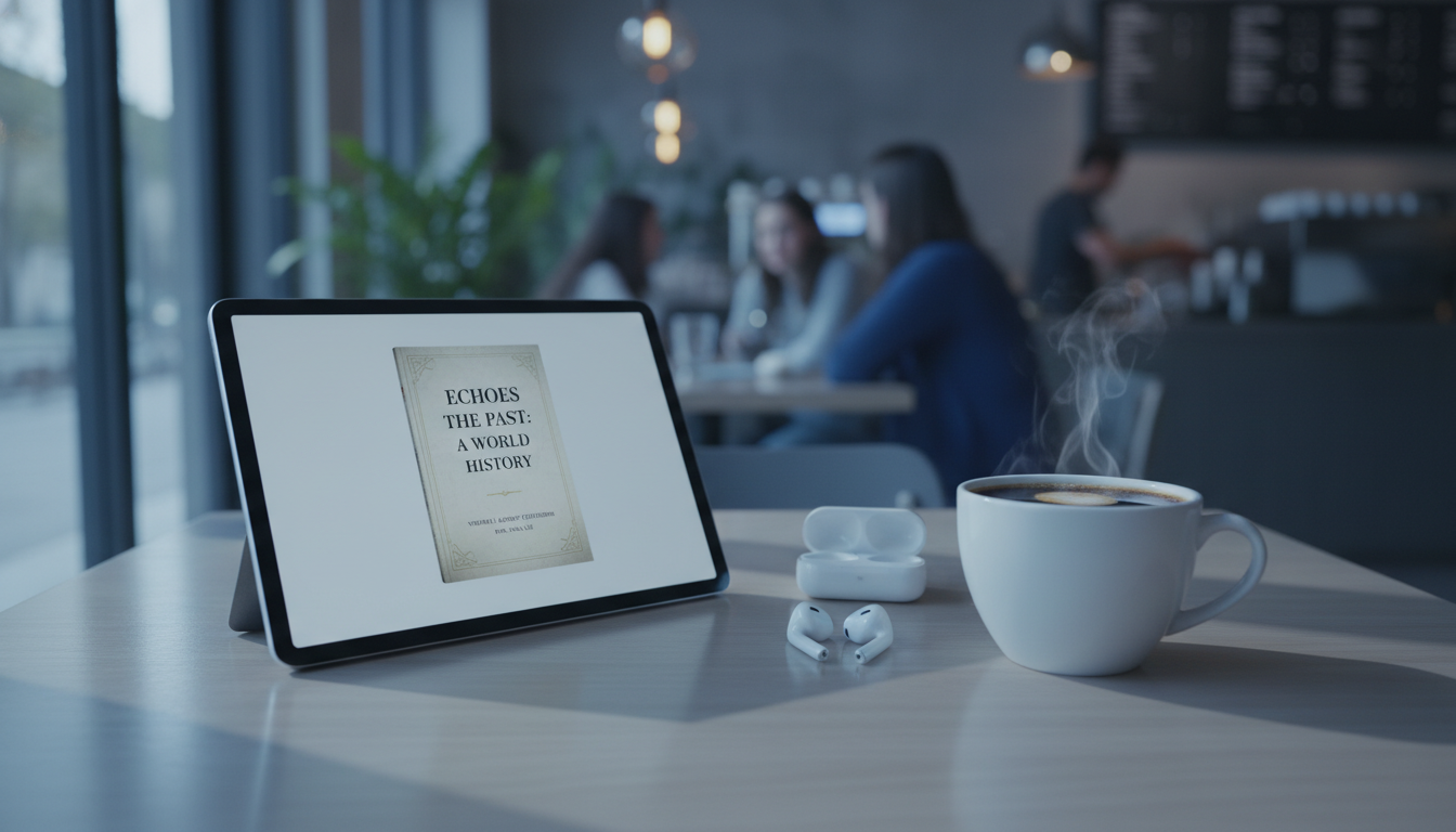 카페 테이블 위에 놓인 커피 한 잔과 역사 관련 전자책(E-book) 화면이 띄워진 디지털 태블릿