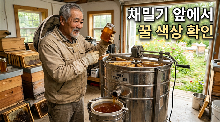 양봉가가 채밀기 앞에서 꿀 색상을 확인하는 모습