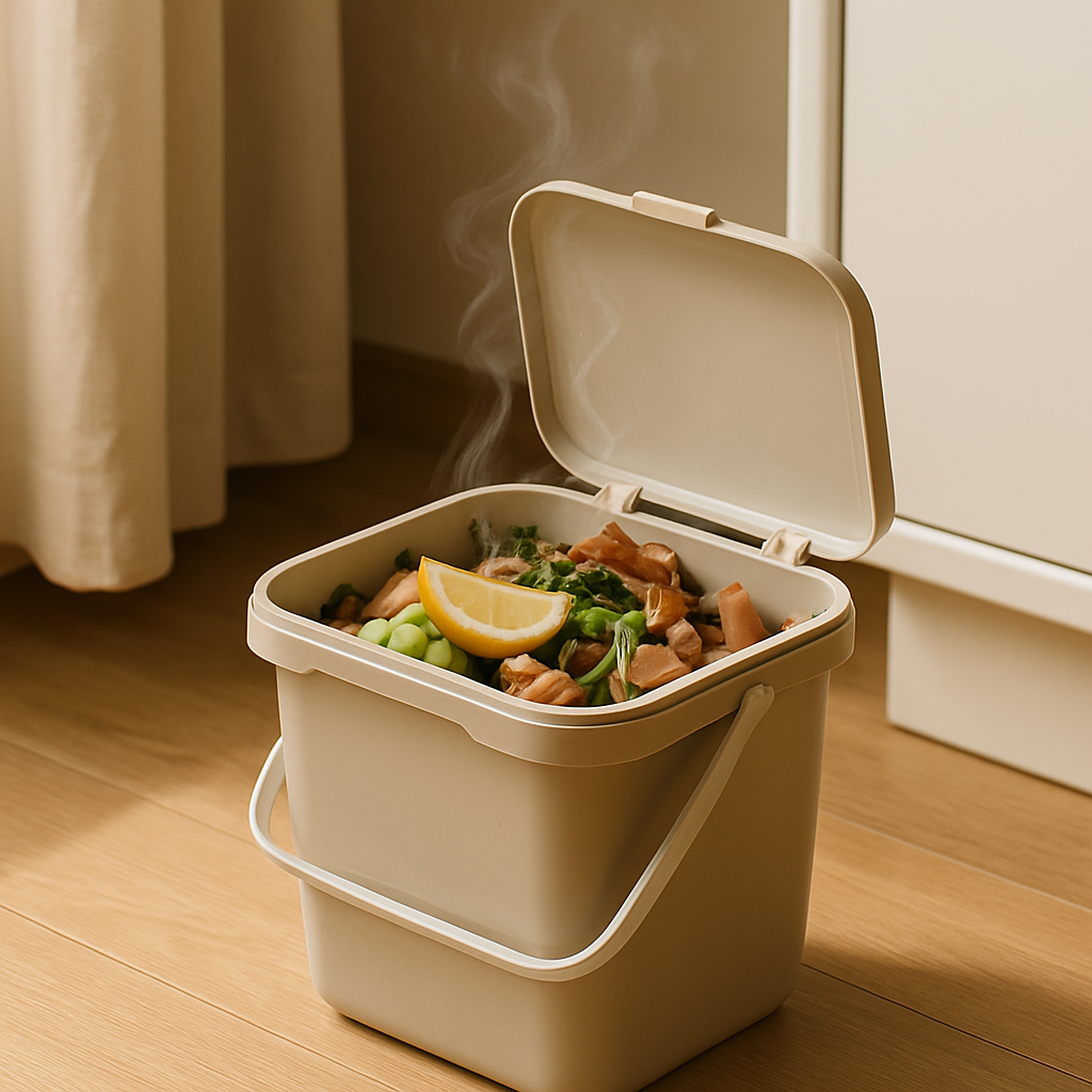 연기가 피어오르는 듯한 냄새 나는 음식물 쓰레기통 이미지
